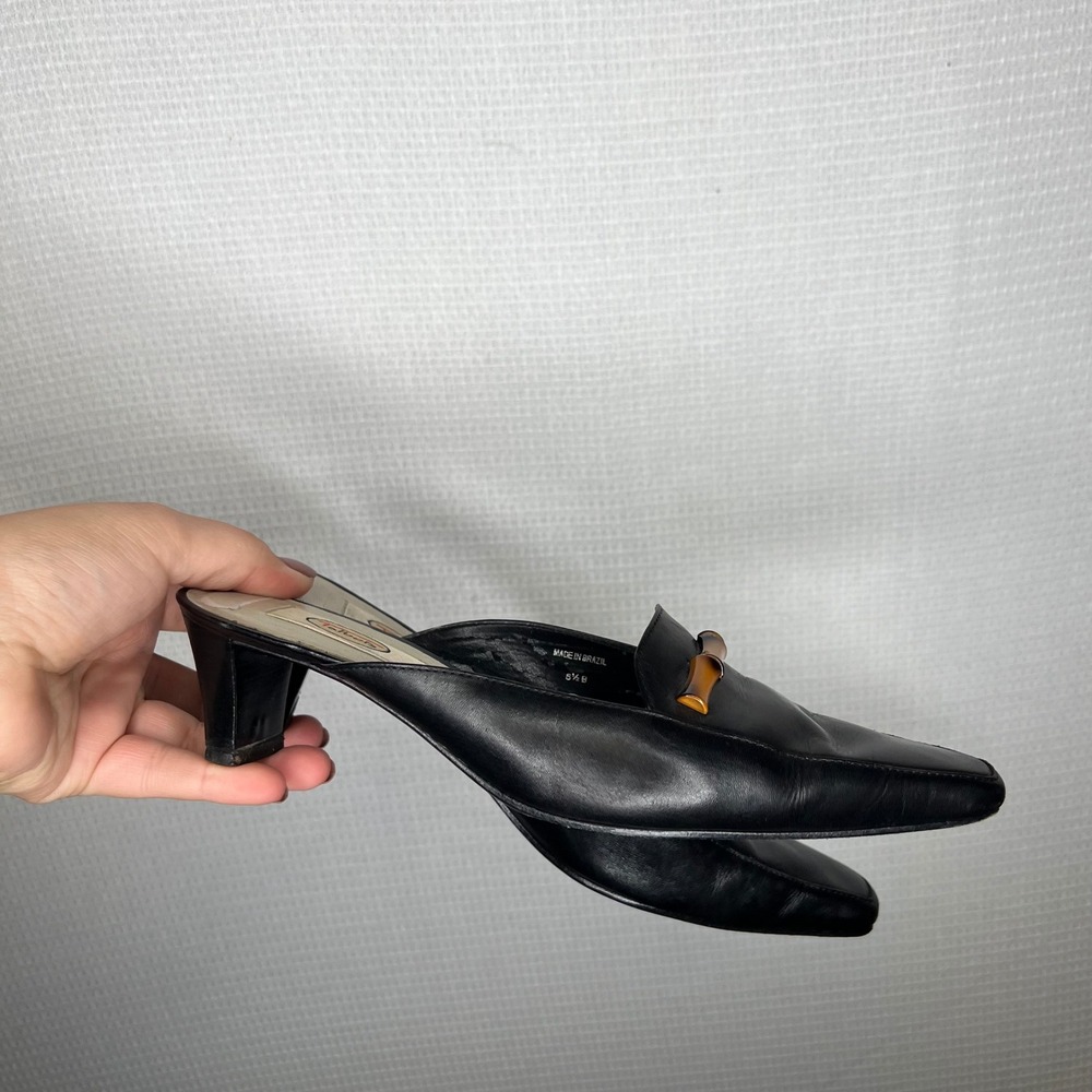 Talbots Leather Vintage Mules Size 6.5 Black Bamboo Detail Heel Square Toe Shoes - Picture 4 of 9